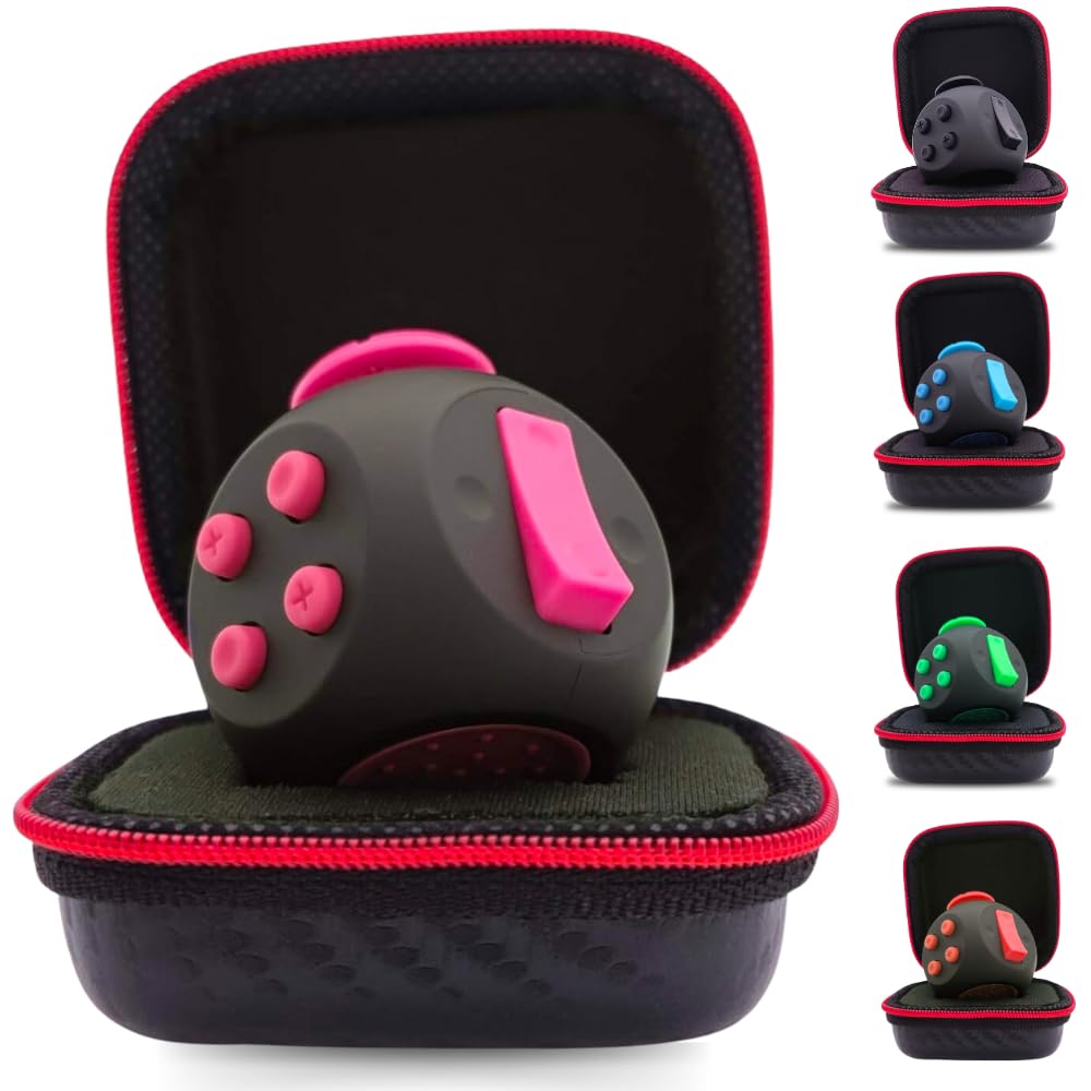 PILPOC theFube Fidget Cube - Deluxe Authentic Fidget Toys for Adults & Kids - Premium Protective Case, Stress Cube, Anxiety Toys, ADHD, OCD, Autism. Quiet Sides & Fidget Clicker Toy (Black & Pink)