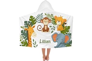 NZOOHY Safari Jungle Animals Personalized Kids Hooded Towel with Name Soft Absorbent Beach Pool Bath Towels Hood Poncho for B