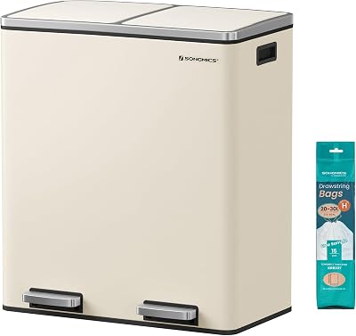 SONGMICS Dual Rubbish Bin 2-Compartment 30 L each with Lids Pedals Cream