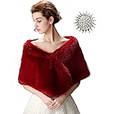 Anglacesmade Bridal Faux Fur Wrap Wedding Fur Stole with Brooch Evening Party Warm Shrug Cape
