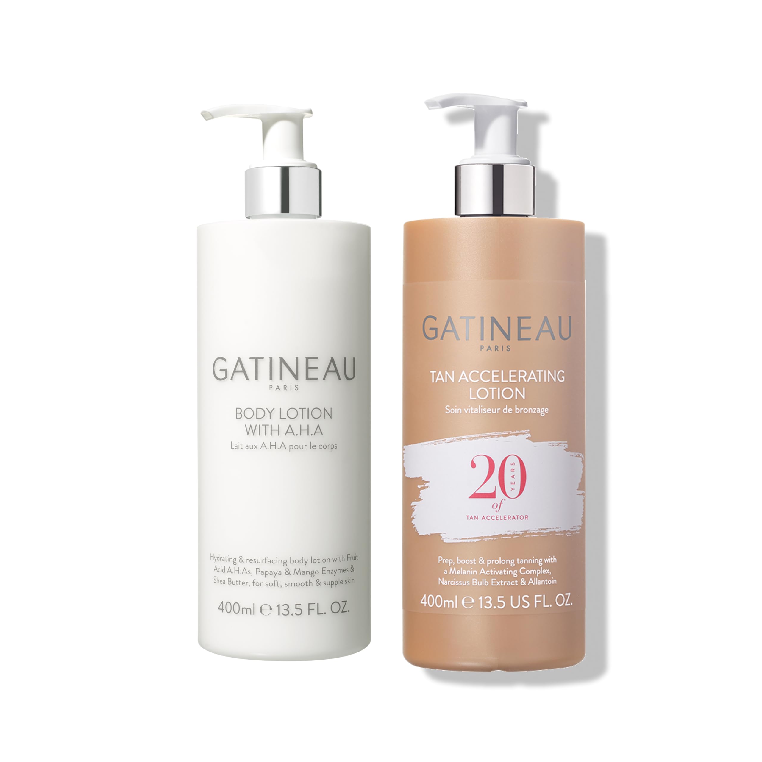 GATINEAU Tan Accelerating & AHA Body Lotion Duo - 400ml x2, Preps, Hydrates and Smoothes Skin, Boosts and Prolongs Natural Glow, Perfect For Holidays, Shea Butter + Melanin Activating Peptide