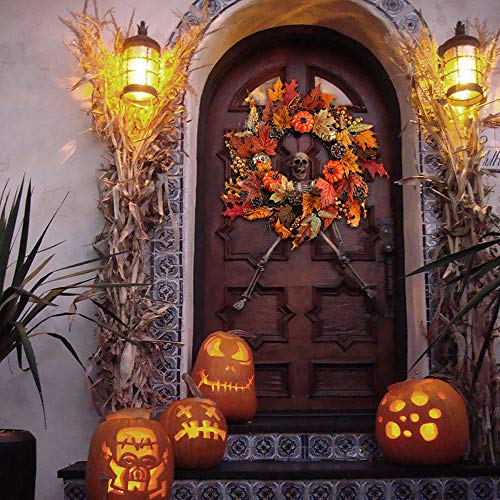 Nahuaa 20" Fall Wreath for Front Door Artificial Autumn Maple Leaf Garland with Fake Pumpkins and Pine Cone for Home Office Yard Indoor Outdoor Thanksgiving Harvest Halloween Display Decoration