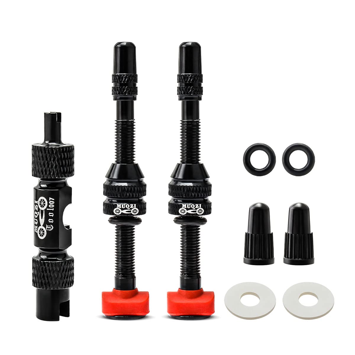 MUQZI Tubeless Presta Valve Stem Kits - No Leak Bike tubeless Valve Stems with Integrated Valve Core Remover Tool and Alloy Presta Valve Stem Caps for Bicycle, Black(60mm)