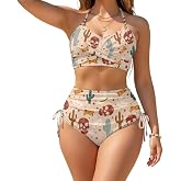 Daulesho Bikini Sets for Women Highland Cattle High Waisted Swimwear Western Cowboy Cactus Swimsuits Drawstring Ruched Bottom