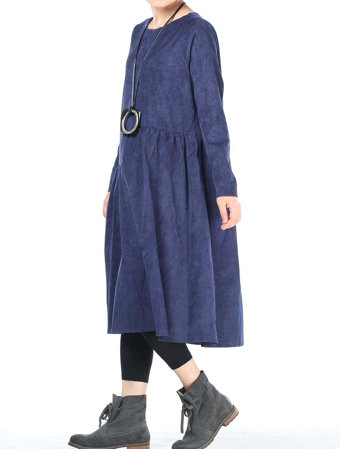 Mordenmiss Women’s Corduroy Pleated Dresses Swing Long Sleeve Dress with Pockets at  Women’s Clothing store