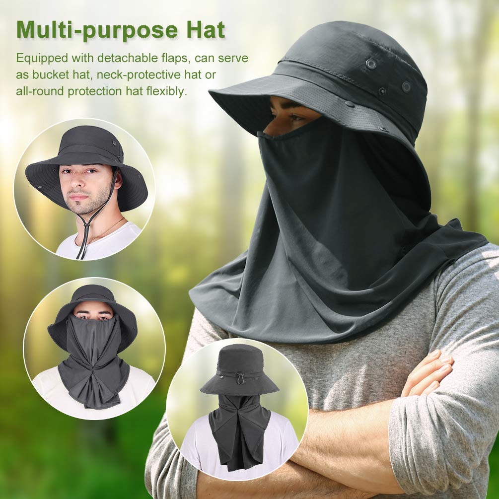 VBIGER Sombrero de Sol Protección UV para el Verano ala Ancha Pesca Plegable Sombreros con Solapa Extraíble y Malla Transpirable (Gris Oscuro)