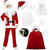 DITAIX 9PCS Santa Claus Costume for Kids: 5-12 Years Velvet Christmas Suit Set with Accessories for Holiday Party Cosplay