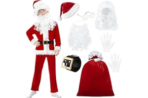 DITAIX 9PCS Santa Claus Costume for Kids: 5-12 Years Velvet Christmas Suit Set with Accessories for Holiday Party Cosplay