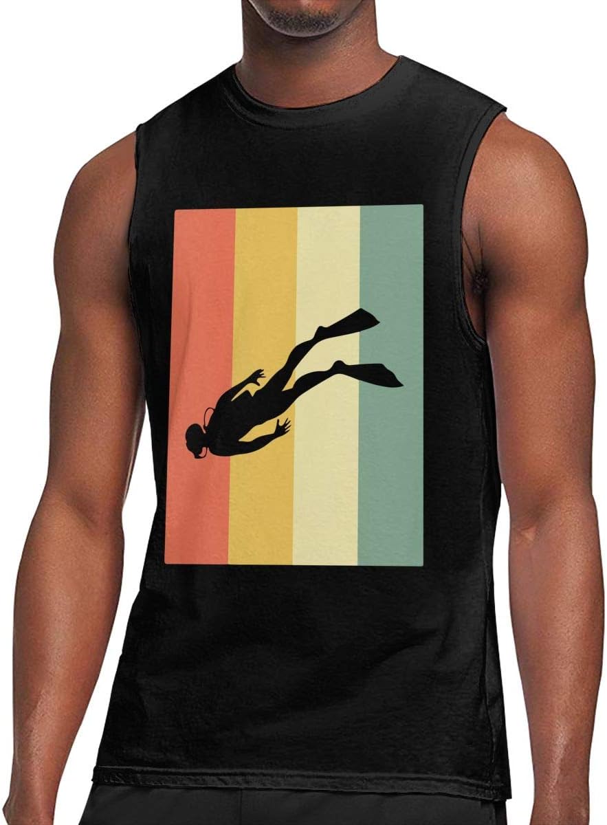 Mens Vintage Scuba Diving Sleeveless T-Shirt Top Cotton Running Sleeveless Singlet Black