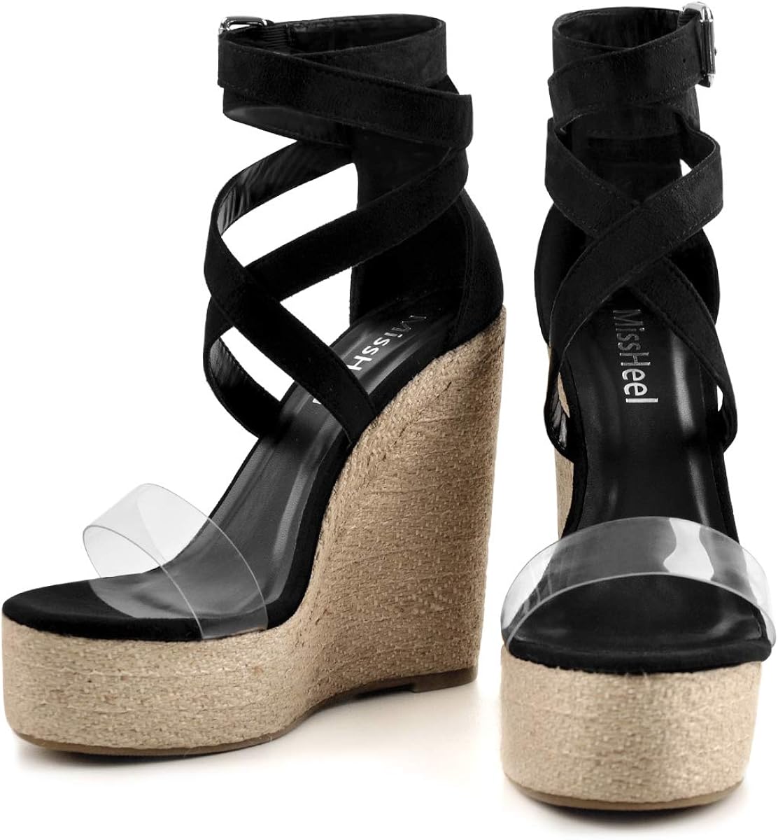MissHeel Black Espadrille Wedges Platform Strappy Sandals Wrap Around Ankle Buckle
