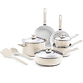 GreenPan Dover Healthy Ceramic Nonstick, 12 Piece Cookware Pots and Pans Set, PFAS-Free, Dishwasher Safe, Comfort Grip Handle, Cream White