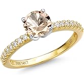 Gem Stone King 14K 2 Tone Gold Peach Morganite and Lab Grown Diamond Engagement Ring For Women | 0.56 Cttw | Round 5MM | Gemstone October Birthstone