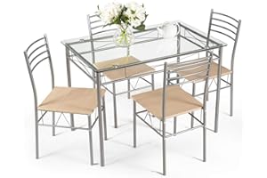 Giantex 5 Piece Dining Table Set, Kitchen Dining Set with Tempered Glass Table Top and 4 Chairs, Dinette Set for 4 for Breakfast Nook Dining Room Kitchen (Transparent)