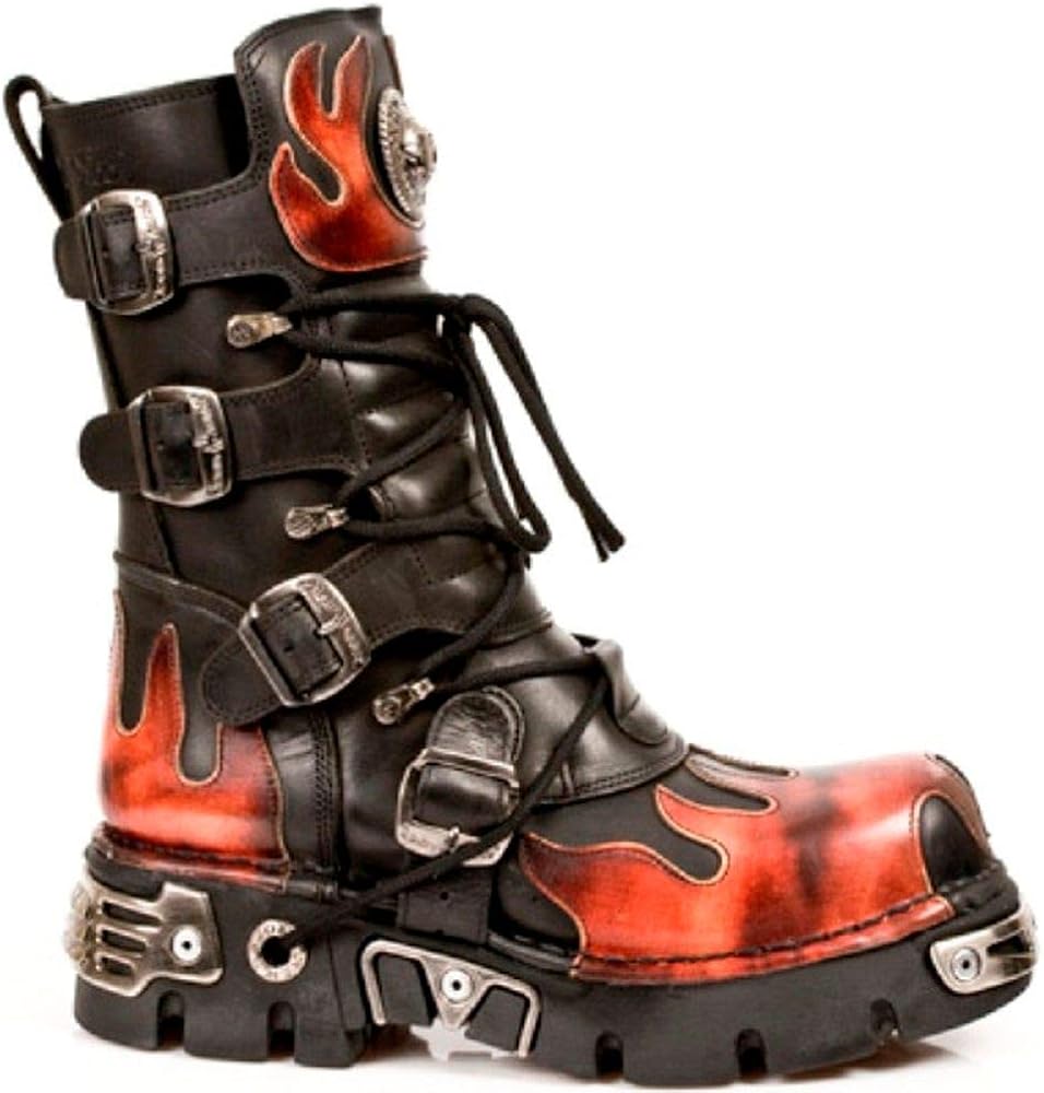Newrock New Rock 591S1 Red Flame Metal Black Leather Heavy Punk Gothic