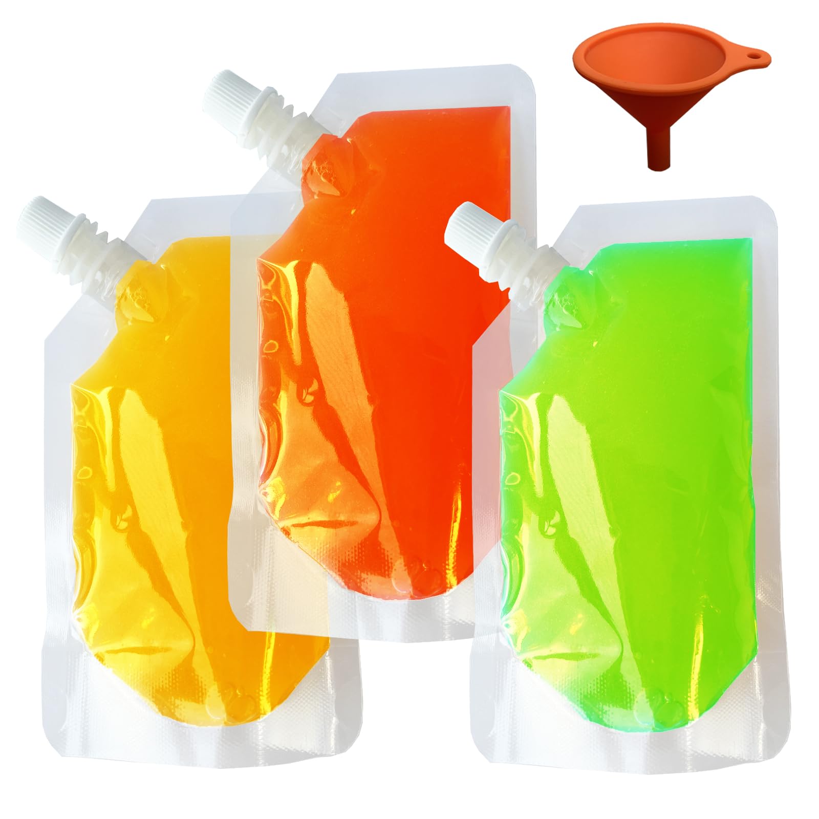 Yelinosk 50Pack Clear Drink Pouches 250ml with caps and Funnel for Festivals,Leak Proof Alcohol Juice Liquid Pouches Bags, Beverage Bags, Plastic Hip Flask for Parties, Picnic, Travel, Sports