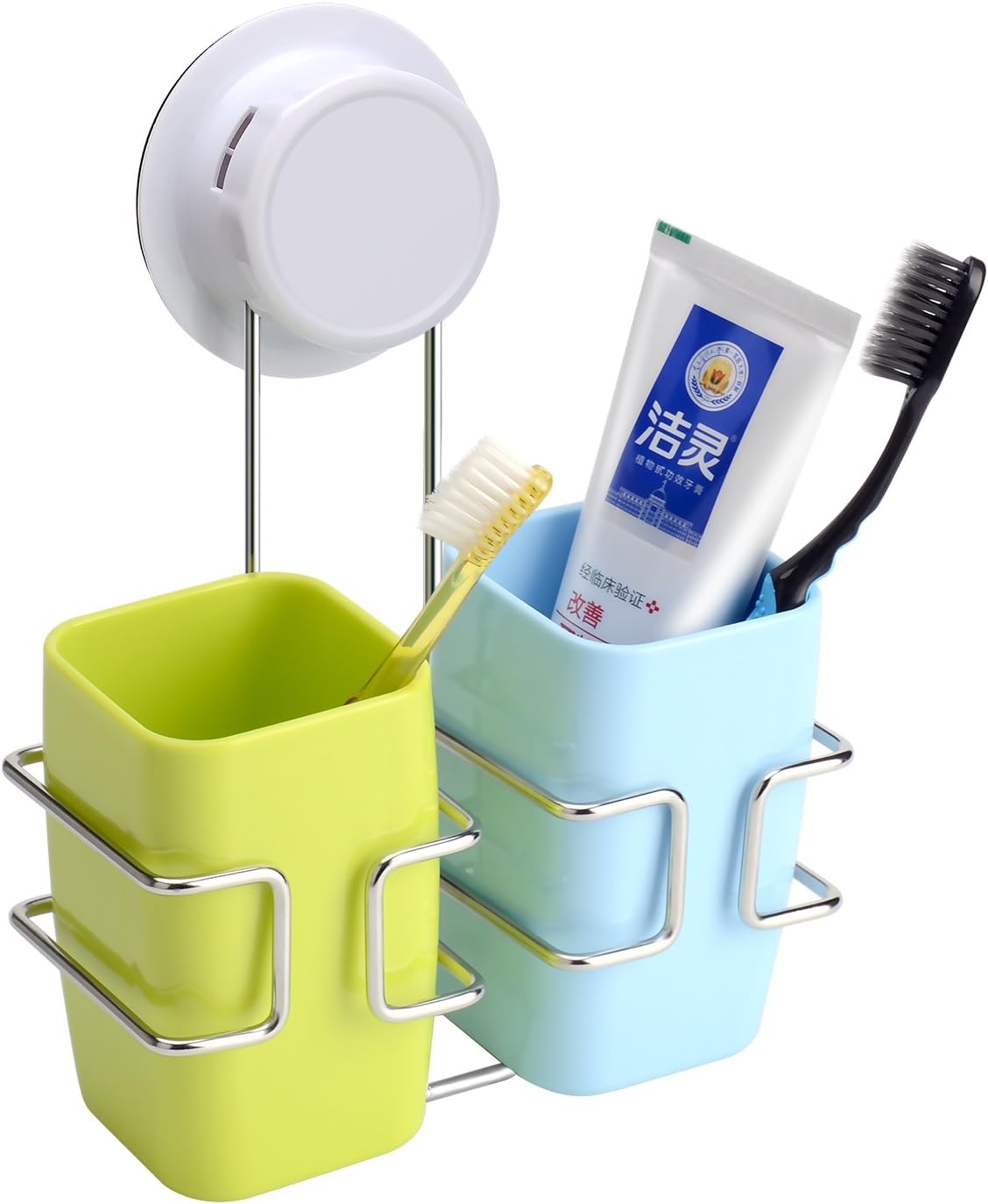 FAMLOVE Toothbrush Holder Wall Mounted Stainless Steel Bathroom Toothbrush Holder Set Modern Blue Green with 2 Cups Large Capacity Toothpate Stand - Couple's Design