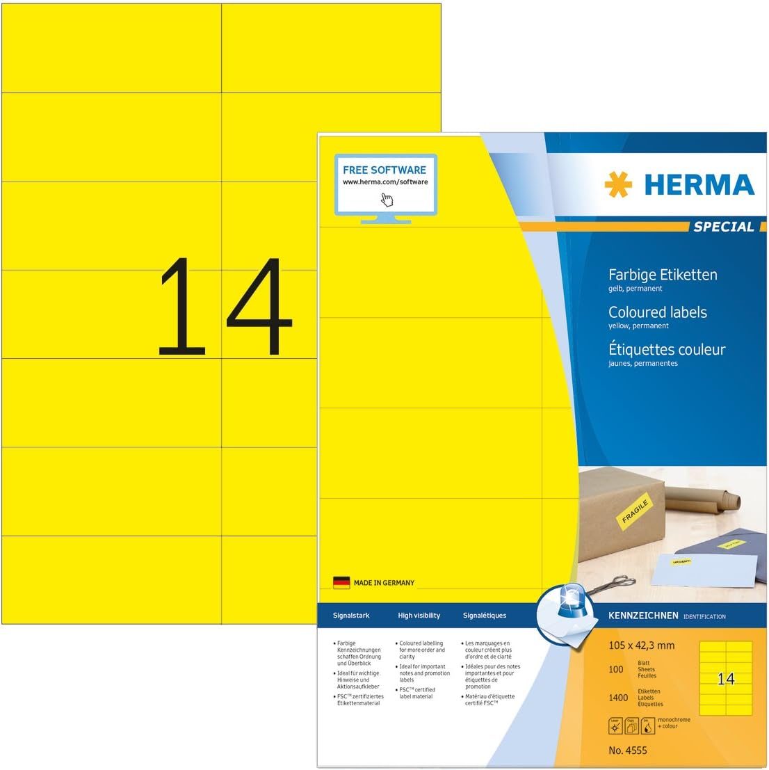 HERMA Self Adhesive Coloured Labels, 14 Labels per A4 Sheet, 100 Sheets, 105 x 42.3 mm, 1400 Labels
