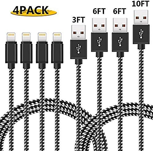 Lightning Cable, Basse [4 Pack] Durable Tangle-Free Nylon Braided Charging Cable for iPhone X, 8 Plus, 8, 7 Plus, 7, 6 Plus, 6, 6S Plus, 6s, 5, iPad and More (Black &amp; White)