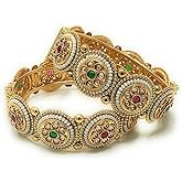 Duel On Jewel Indian Pakistani Bridal Women’s Openable Kada Bangle Bracelet Sets, Gold-Plated with Zircon, Polki, Meenakari Enamel, Filigree Designs, 0.75-1.38 Inch Width, Medium Size 2-6, Party Gift