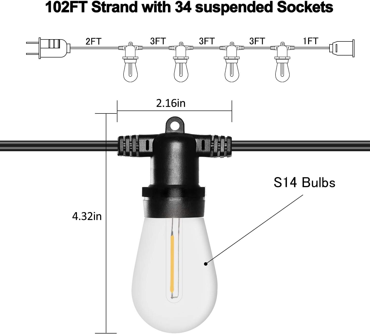 Banord 51FT Outdoor Shatterproof LED String Lights, Waterproof 17 Hanging Sockets with 18 x Dimmable LED Bulb Garden Light String, Waterproof Vintage Patio Lights for Wedding Party : Garden & Outdoor