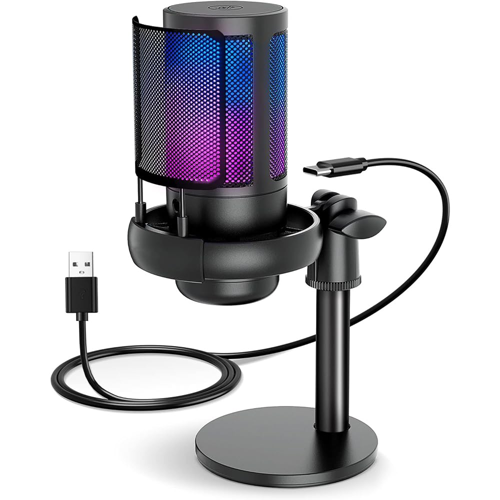 vantisan Gaming Microphone, USB Gaming Mic for PC Streaming Podcasts Video, Condenser Microphone with RGB Lights, Quick Mute, Stand&Filter, Gain Button and Monitoring Jack