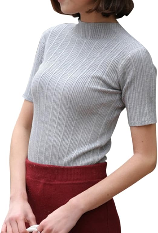 Amazon Formanism シンプル 五分 半袖 薄手 スリム リブ ニット タートル セーター レディース グレー L セーター 通販