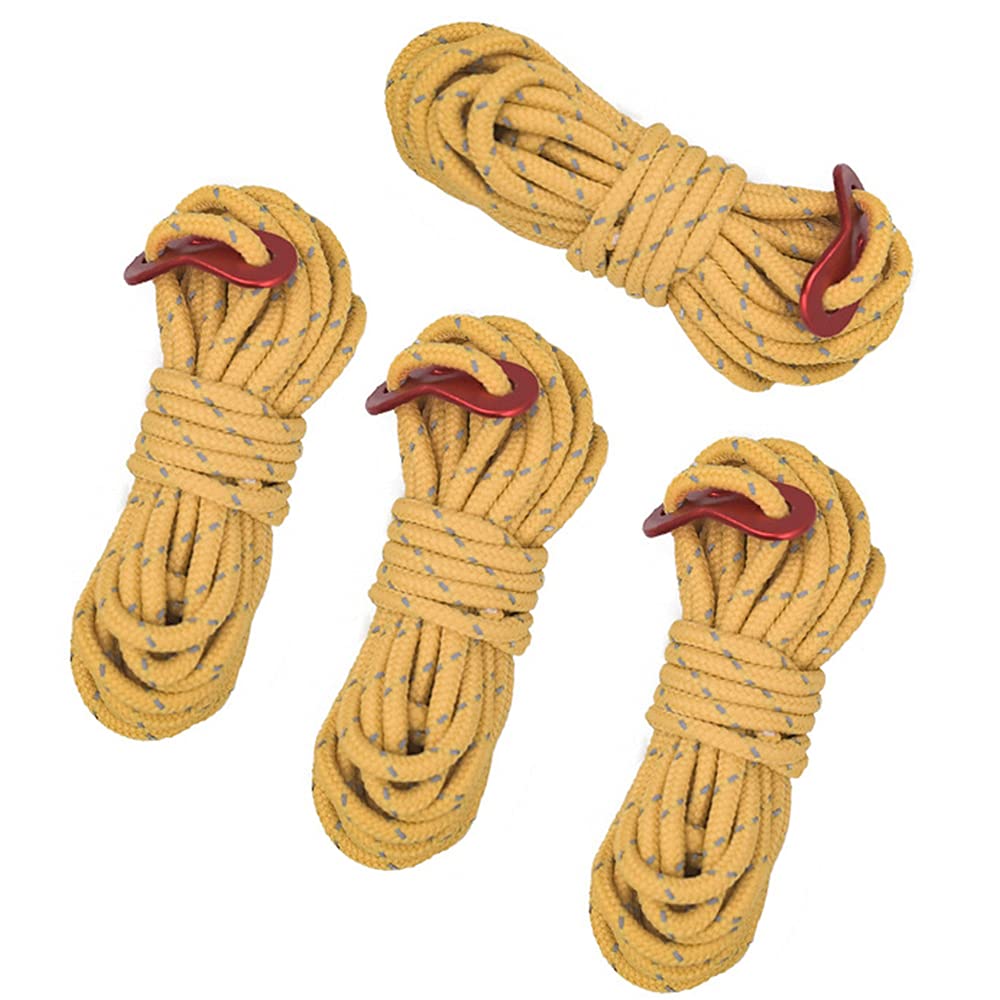 Tiardey 4pcs 4MM 13 FT Nylon Cord,Tent Rope with Ultra-Light Aluminum Alloy Ceiling Rope Adjuster Fits Camping Hiking Backpacking - Yellow