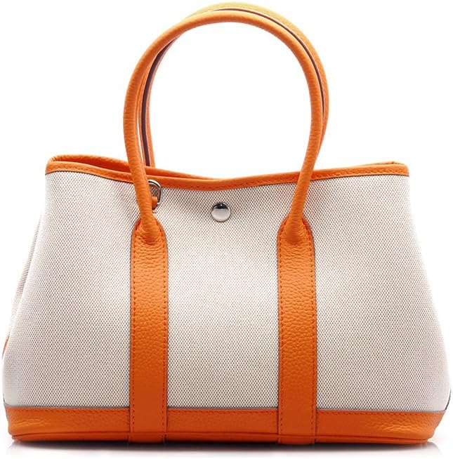 Women's Full Grain Calf Leather Canvas Garden Shoulder Tote Party Bag Handbag