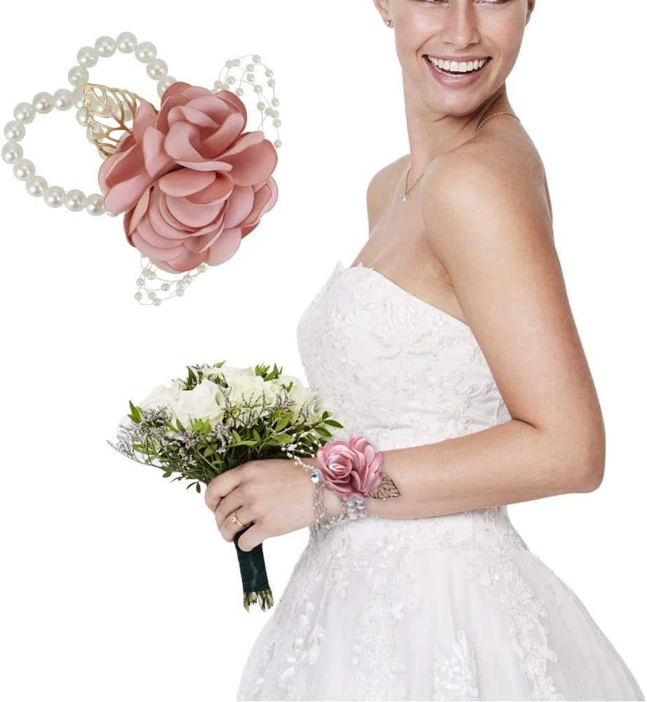 RMENOOR Wrist Corsage Artificial Flower Rose Pearl Wrist Corsage with Rhinestone Stretch Bracelet for DIY Bouquets Wedding Home Prom Wedding Graduation Party Hand Flower (Champagne Powder)