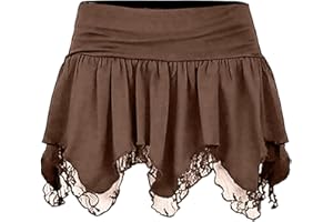 Womens Lace Short Skirt Solid Low Waist Patchwork Flowy Ruffle Pleated Mini Skirts Streetwear