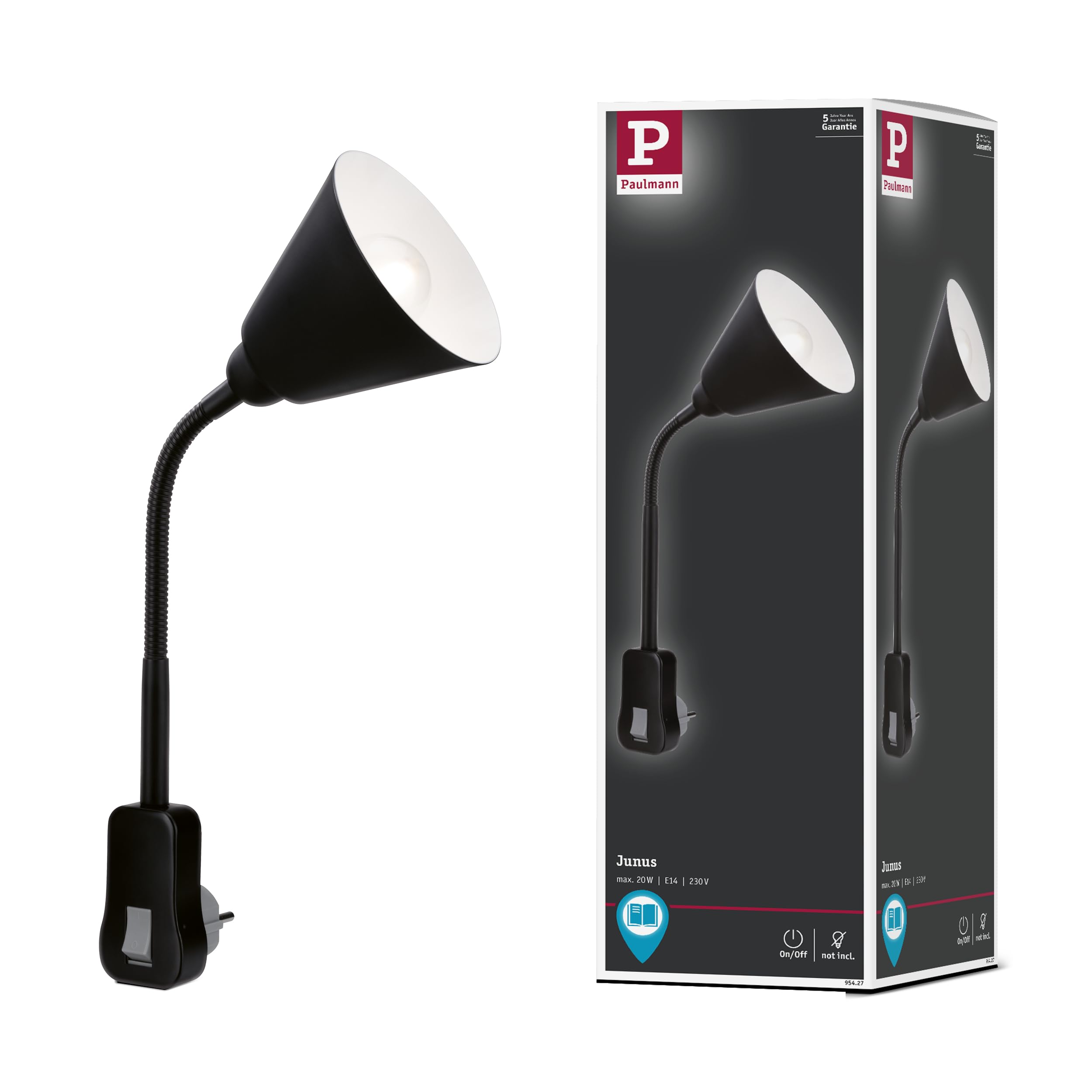 Paulmann 95427 Junus Plug-in luminaire with Flexarm max 20 watts lamp Black Metal, Plastic Light E14