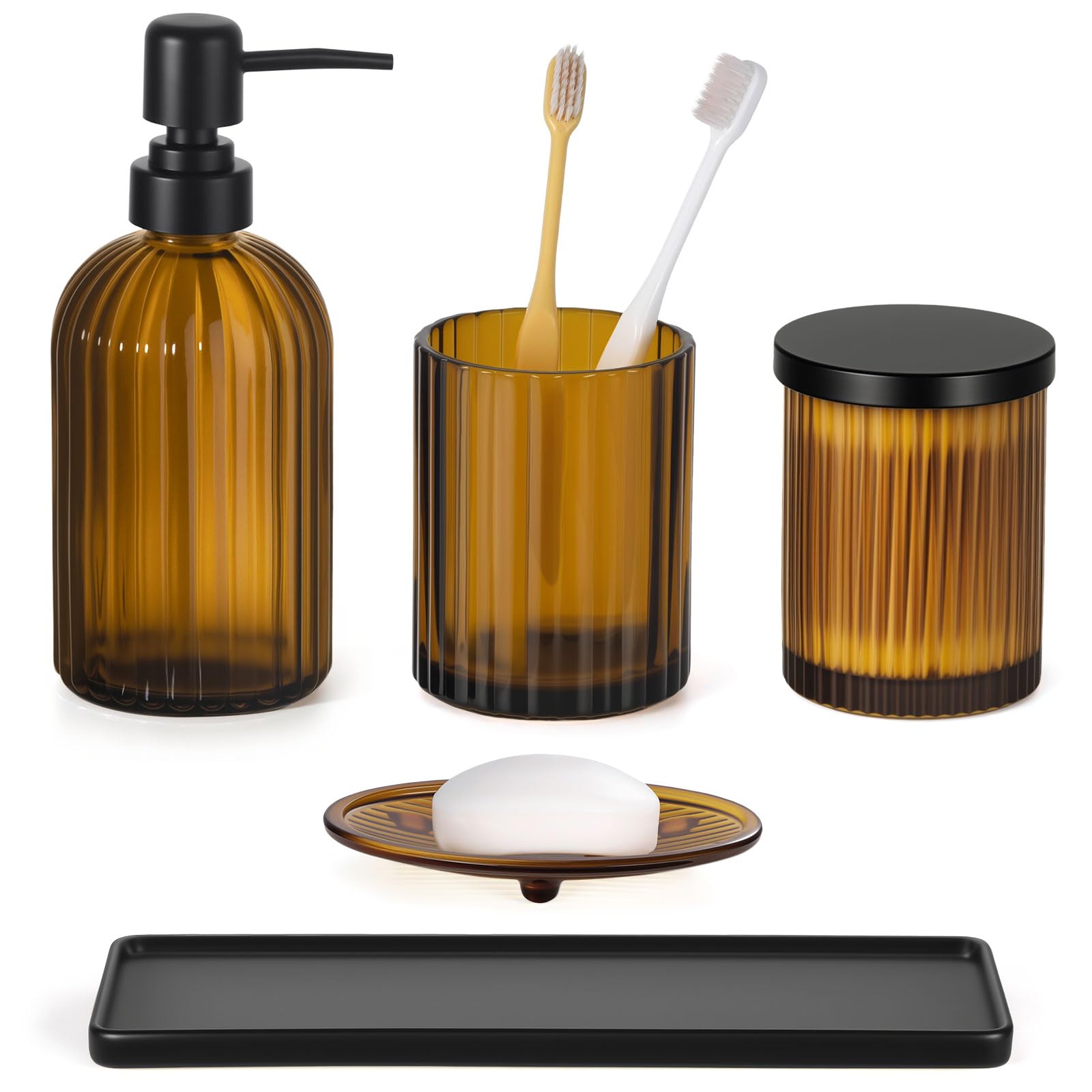 Photo 1 of Shinowa Bathroom Accessories Set, 5 Pcs Clear Glass Bathroom Accessory Sets Complete with Soap Dispenser, Toothbrush Holder, Q-Tips Holder, Soap Dish, Ceramic Tray, Vanity Organizer, Brown + Black