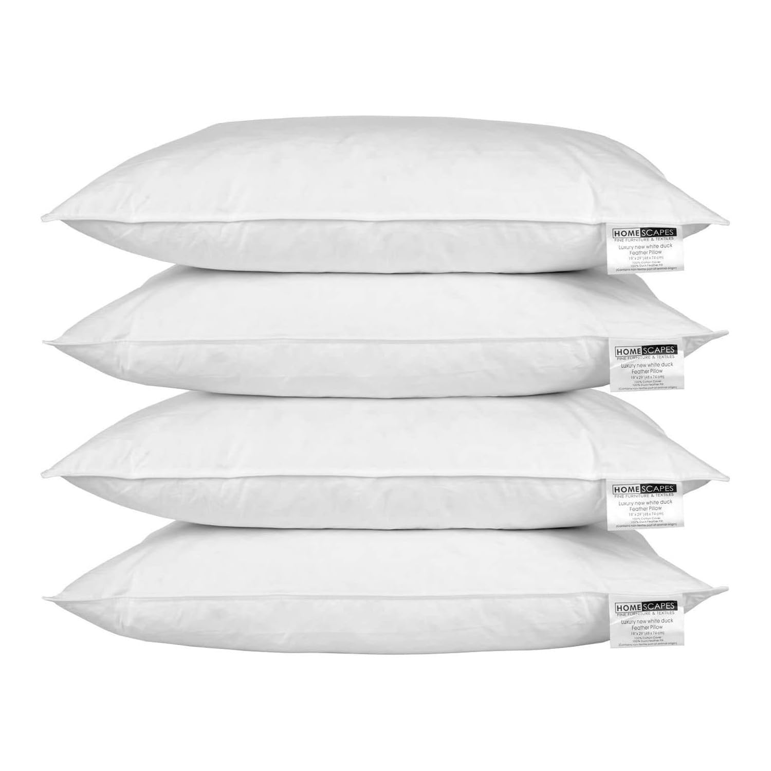 HOMESCAPES - White Duck Feather Pillow Pack of 4 Pillows (Set of 2 Pairs) - Machine Washable - Hypo Allergenic & Anti Dust Mite RDS Certified.