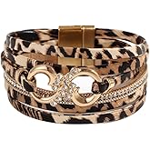 Leopard Bracelet for Women Boho Wrap Bracelets PU Leather Cuff Bangle Bracelets Jewelry with Clasp for Mother