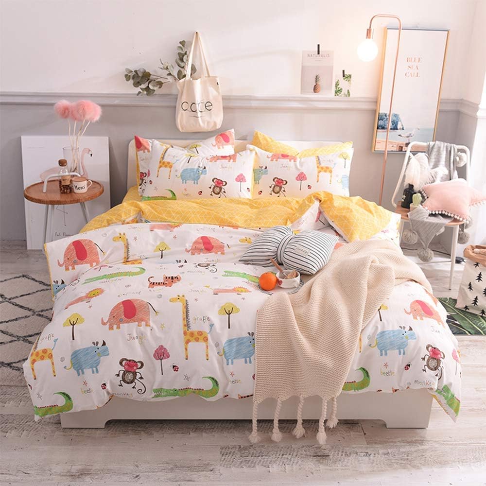 Toys Studio Animal Zoo Kids Duvet Cover Set Queen（90”x90”）, 3 Pieces(2 Pillowcases, 1 Duvet Cover) Cartoon Animal Cotton Bedding Sets with Zipper Closure Children Duvet Cover for Boys, Girls, Teens