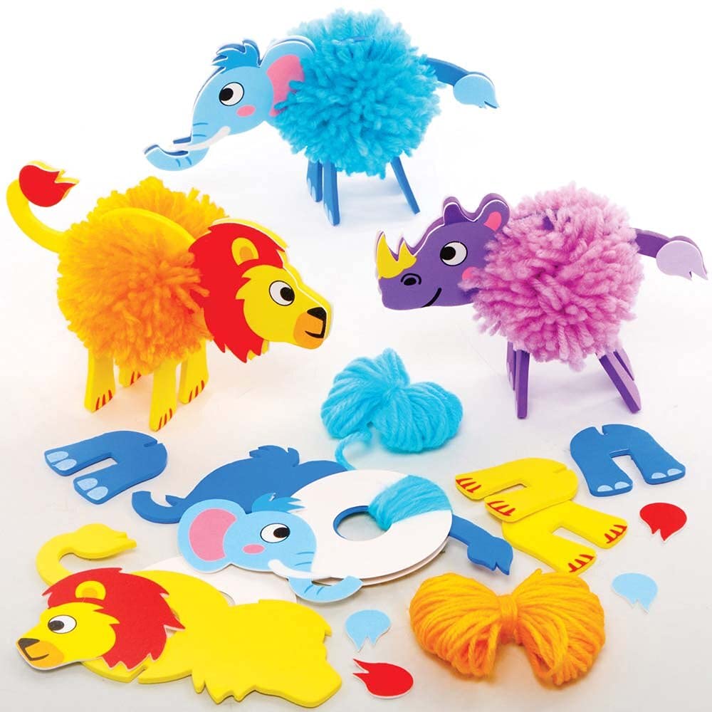 Baker Ross FE263 Jungle Animal Craft Pom Pom Kits - Pack of 3, Childrens Art Make Your Own Fluffy Pom Friend