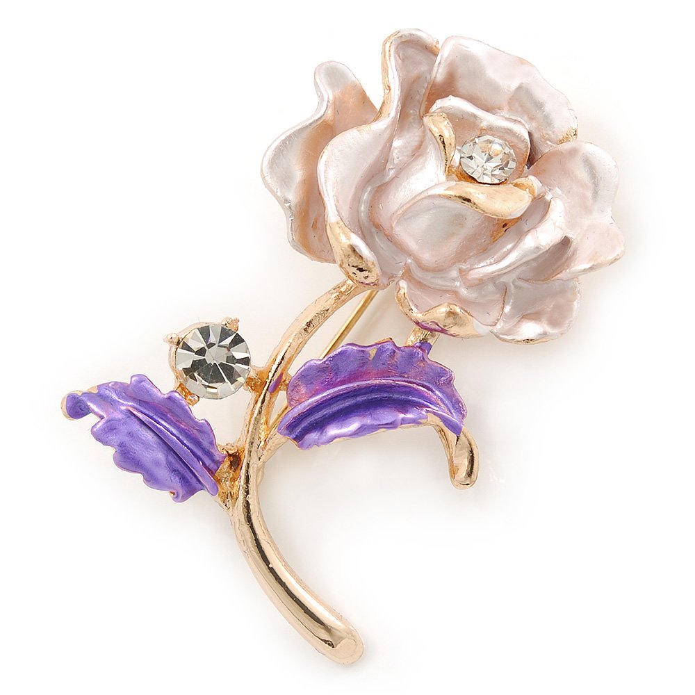 Romantic Pink/Purple Crystal Rose Flower Brooch In Gold Plating - 52mm L