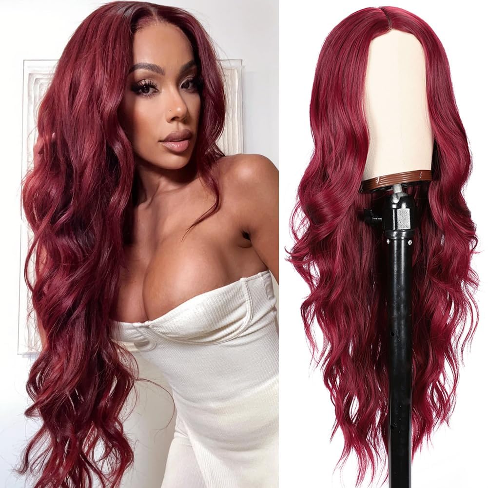 PORSMEER Wine Red Wigs for Women Long Curly Wavy Middle Part Natural Looking Synthetic Hair Heat Resistant Replacement Everyday or Cosplay Hair Wig Burgundy color