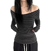 Women Y2K Striped Long Sleeve Slim Fitted Tops Teen Girls Off Shoulder Grunge Aesthetic Shirts