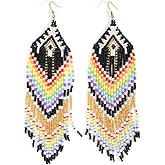 SHINUS BOHO Bohemian Tassel Colorful Beaded Earrings For Women Trendy, Long Fringe Feather Drop Jewelry Handmade Gifts.