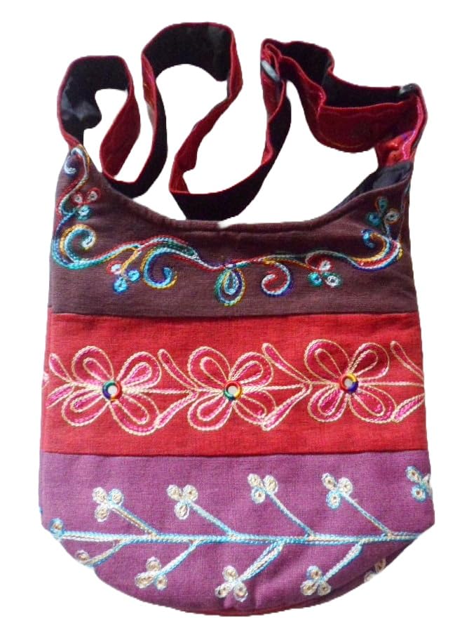 NATURAL FLOW Fair Trade Padded Cotton Embroidered Hippy Boho Shoulder Shopping Bag (Chocolate & Red)