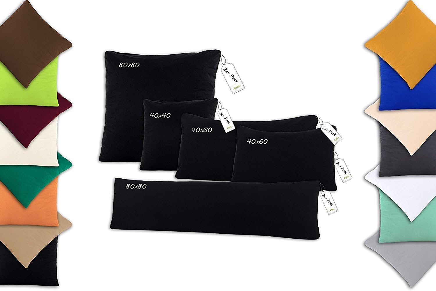 SHC Textilien Double pack Cushion covers Cushion cover Cushion outer with zip fastener, 100% cotton - 15 colours and 5 sizes 40x60 cm black