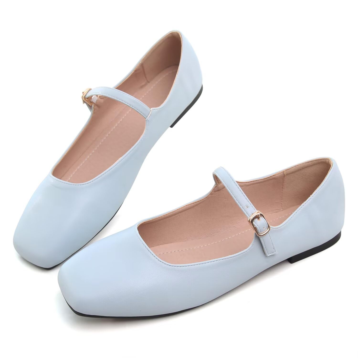 Photo 1 of Hee grand Mary Jane Flats for Women Leather Dress Shoes Comfortable Square Toe Adjustable Buckle Strap Ballet Flats,Light Blue 6.5