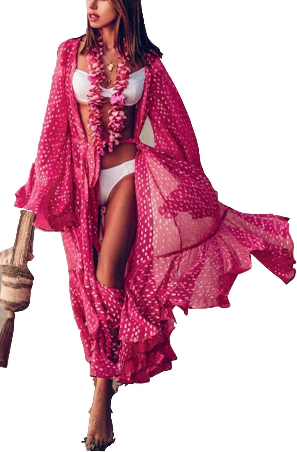 Womens Chiffon Floral Print Swimsuit Cover up Kimono Cardigan
