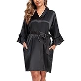 Women's Short Satin Robes Lightweight Kimono Bathrobe Ruffle Hem Bride Bridesmaids Wedding Party Sleepwear