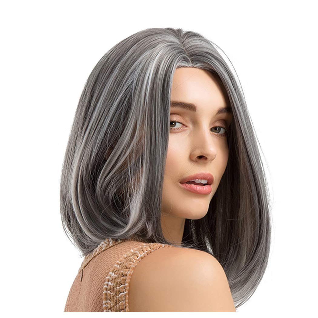 Inkach Curly Grey Wig For Black Women Middle Parting Short