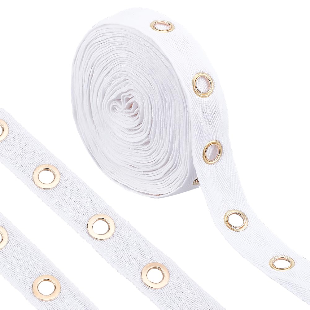 BENECREAT 6 Yards/5.5m 25mm White Cotton Grommet Eyelet Twill Tape Trim, 8mm Light Gold Metal Eyelet Ring Ribbon Strip for Sewing Crafts Making
