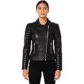 TUFFRANO Women’s Black Leather Moto Jacket – Asymmetrical Zip Slim Fit Biker Style with Quilted Panels, Casual Outerwear