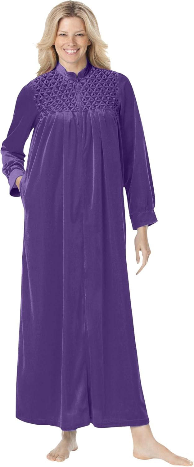 Only Necessities Women's Plus Size Smocked Velour Long Robe Robe 1X