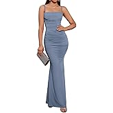 EYNMIN Women's Sleeveless Bodycon Corset Maxi Dress Spaghetti Strap Ruched Elegant Evening Wedding Guest Long Formal Dresses